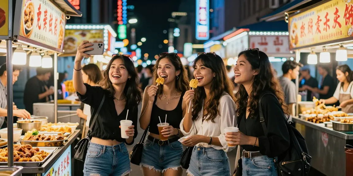 Một nhóm phụ nữ trẻ trung đang tận hưởng cuộc sống về đêm, thưởng thức gái gọi và ẩm thực đường phố tại thành phố sôi động.