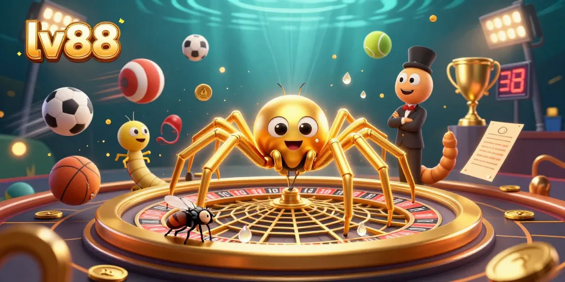 Place bets at lv88 with vibrant sports and casino elements featuring a spider and croupier.