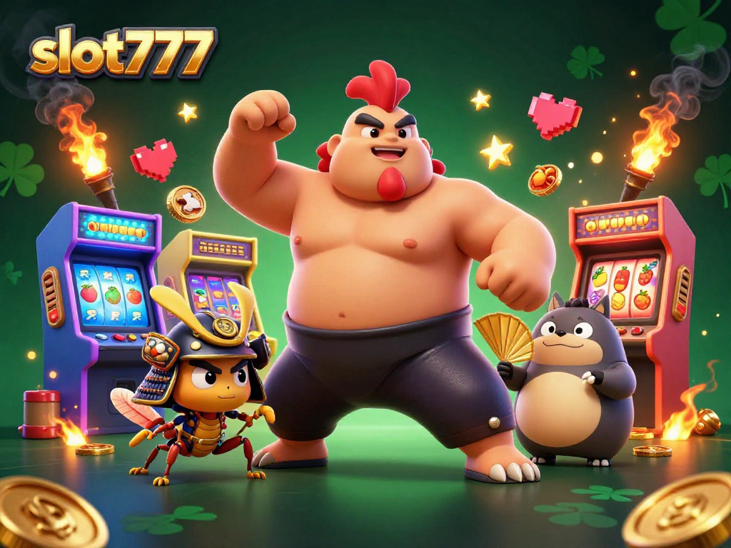 Experience the excitement with slot777, showcasing a dynamic gaming illustration featuring colorful arcade elements and vibrant characters.