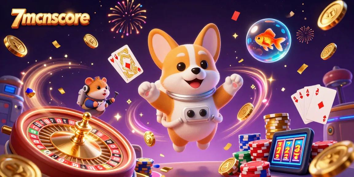 Experience thrilling adventures at 7mcnscore casino featuring floating characters and vibrant game elements.