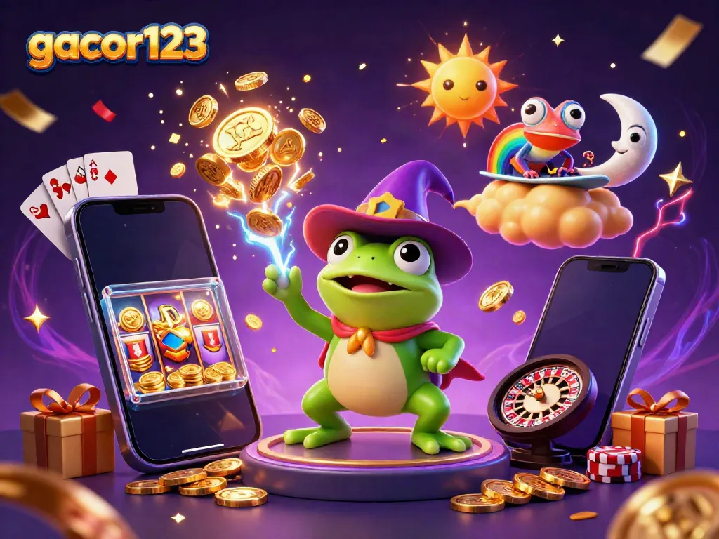 Experience the thrill of gacor123 as the wizard frog conjures coins and a rainbow chameleon surfs golden clouds!