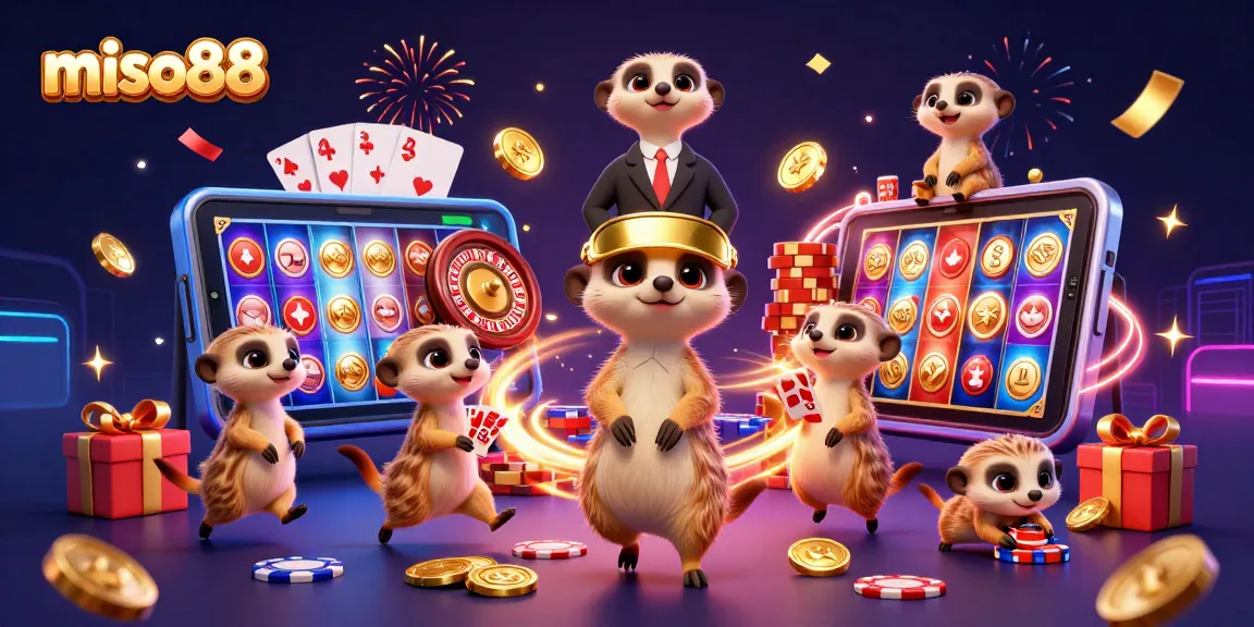 Miso88's meerkats joyfully running a vibrant casino with games and celebrations.
