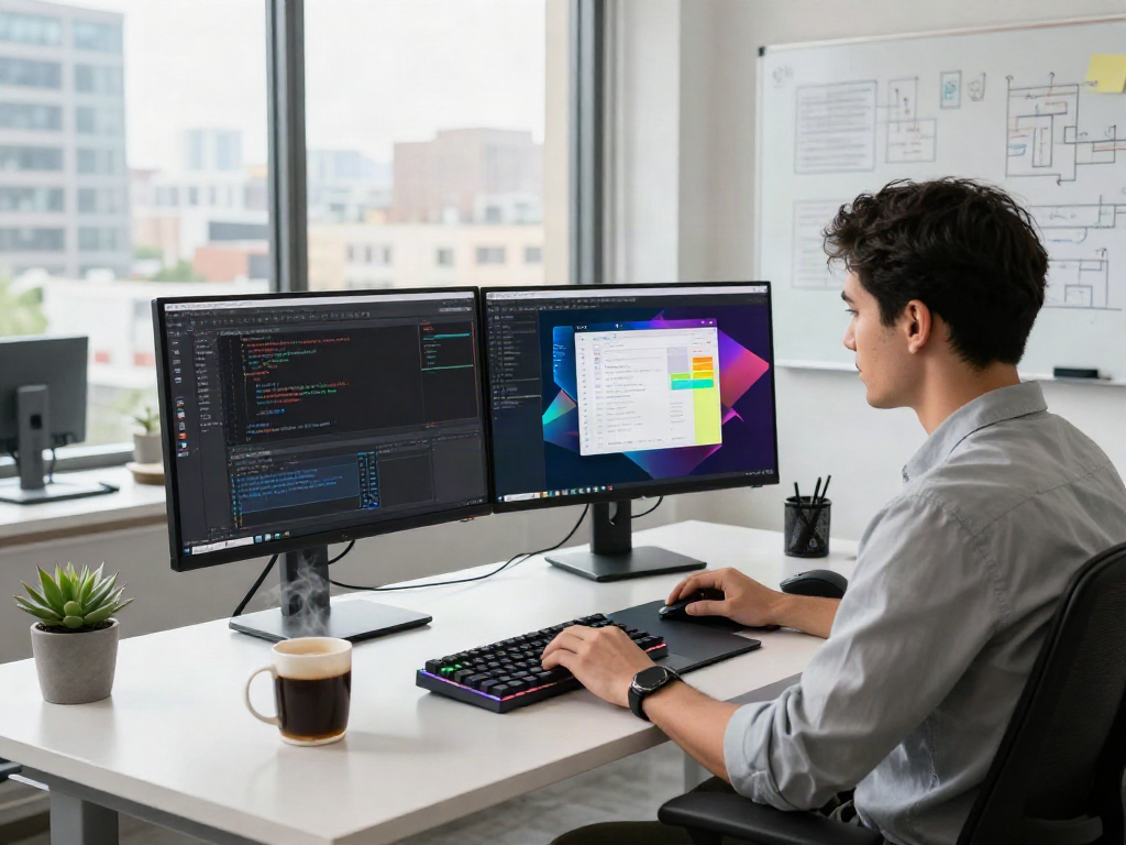 Crushon tech workspace with developer focused on coding at dual monitors, showcasing a modern software environment.