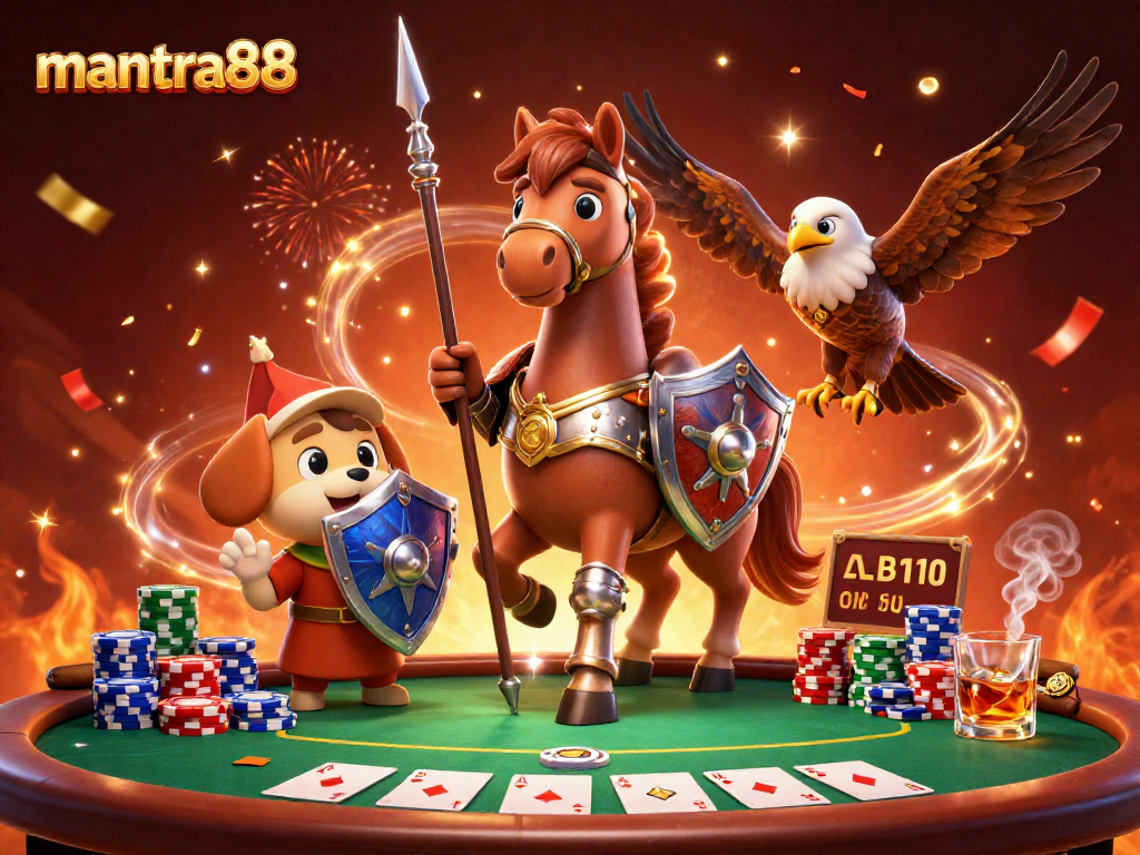 Experience thrilling poker action at mantra88 with vibrant characters and casino elements all in one dynamic scene.