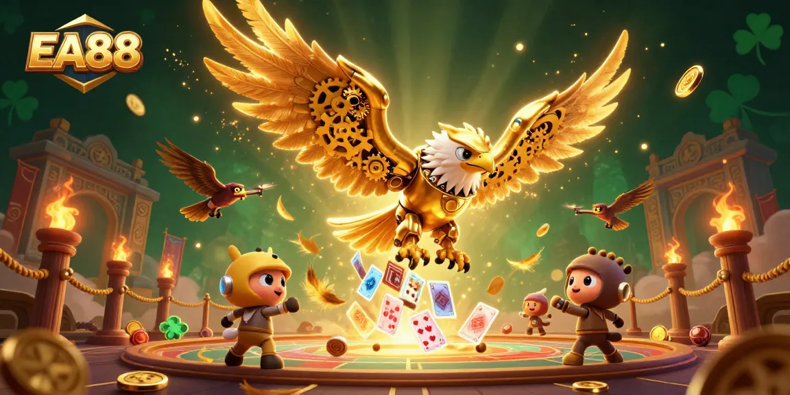 Experience thrilling action with EA88’s cybernetic eagle amidst a vibrant casino scene.
