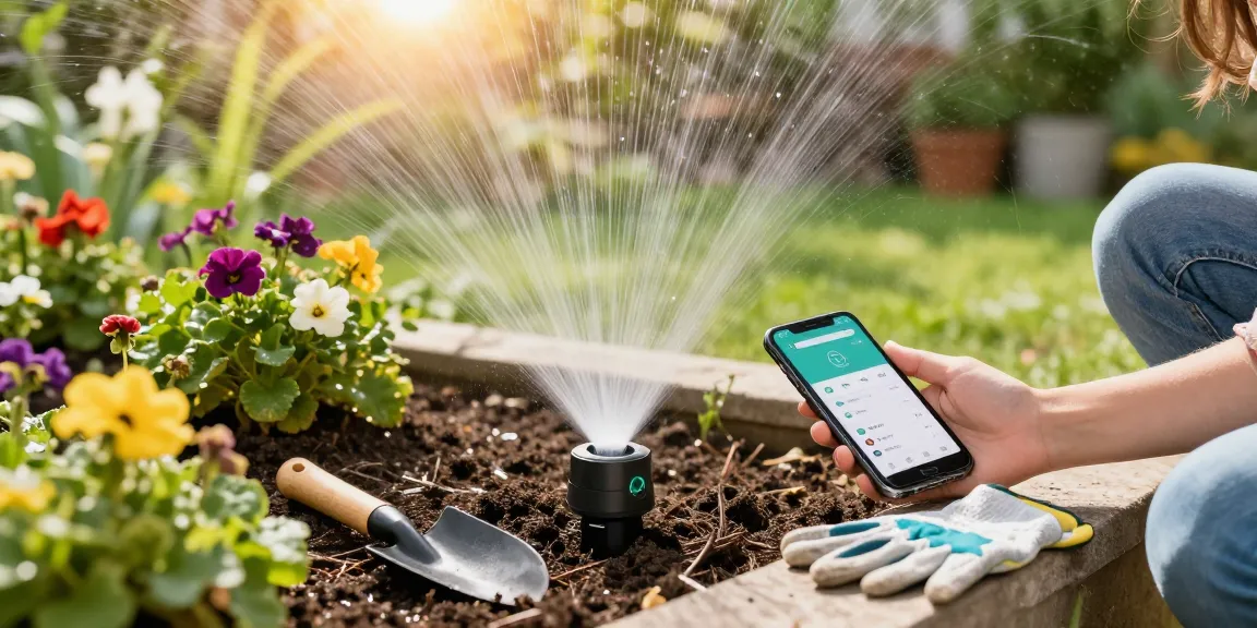 Homeowner using rainpoint sprinkler timer in a blooming garden.