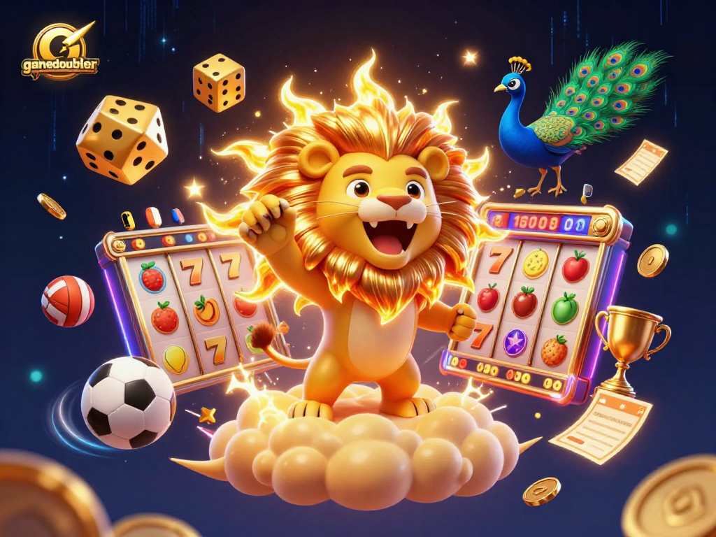 Experience gamedoubler's thrilling casino adventure with a roaring lion, golden dice, and lively gambling elements.