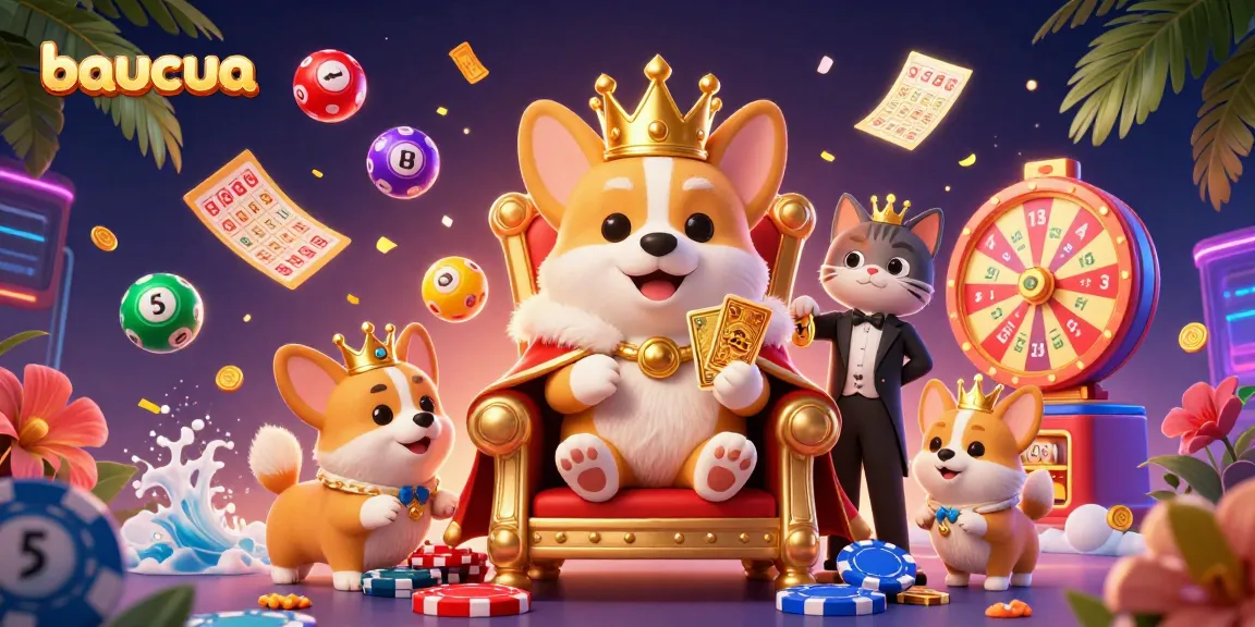 Engage in baucua with corgi royalty amid vibrant lottery games and golden prizes.