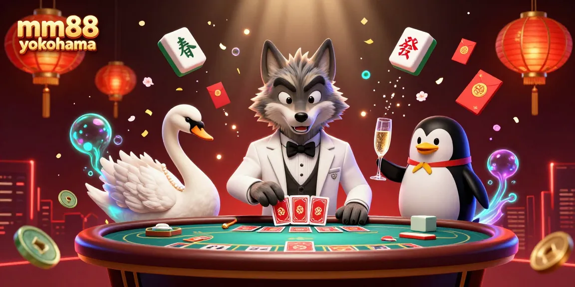 Engage in a vibrant gaming scene with mm88 yokohama featuring a debonair wolf, elegant swan, and sophisticated penguin.
