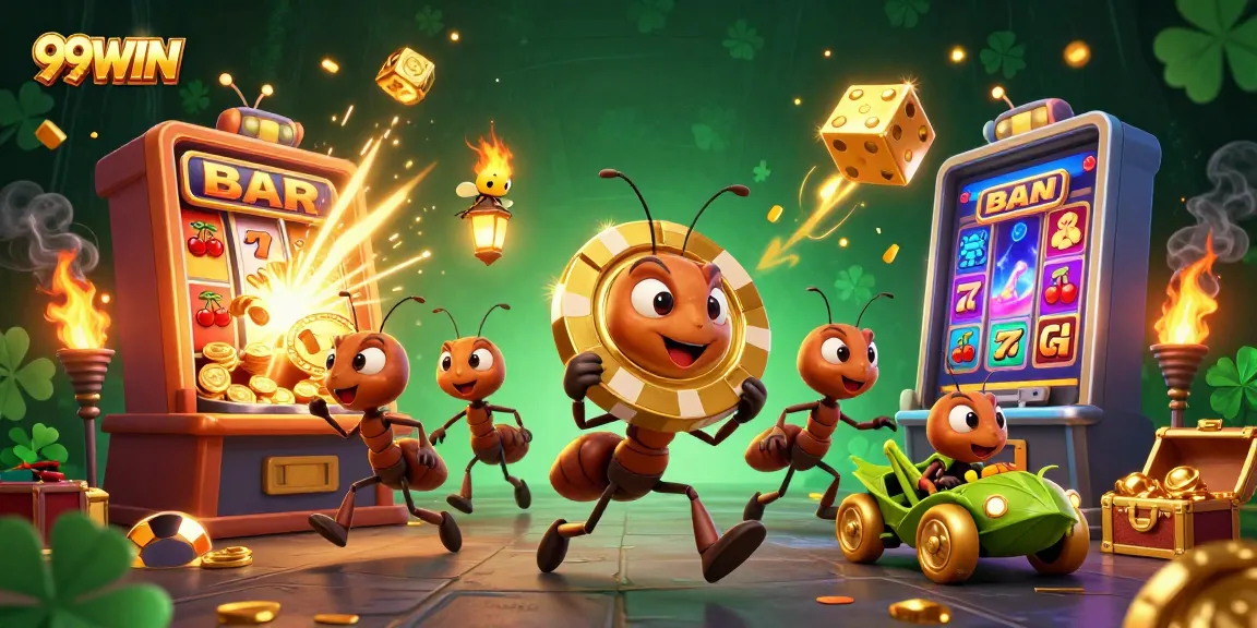 99WIN ants heisting a massive poker chip in a vibrant gambling scene with slots and treasures