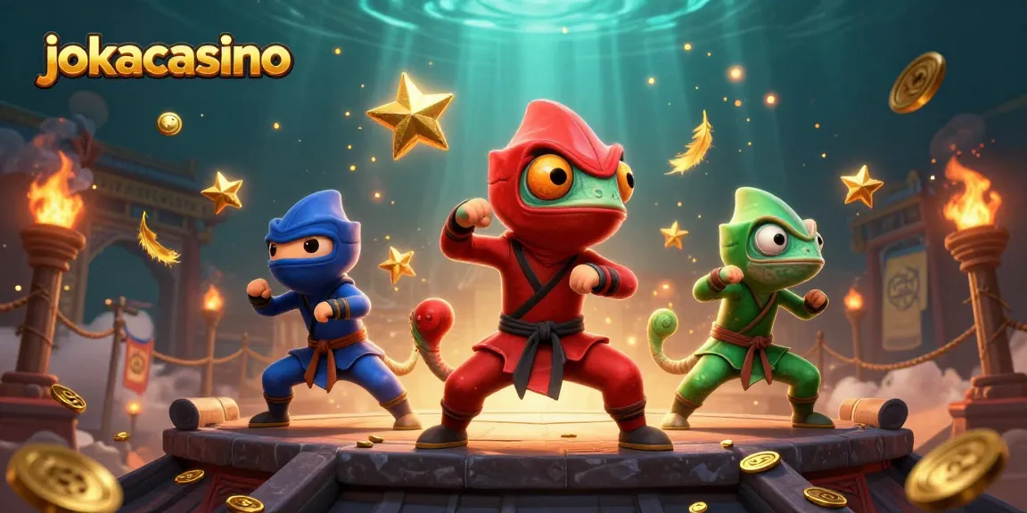 Join the action at jokacasino with chameleon ninjas showcasing martial arts in a vibrant casino scene.