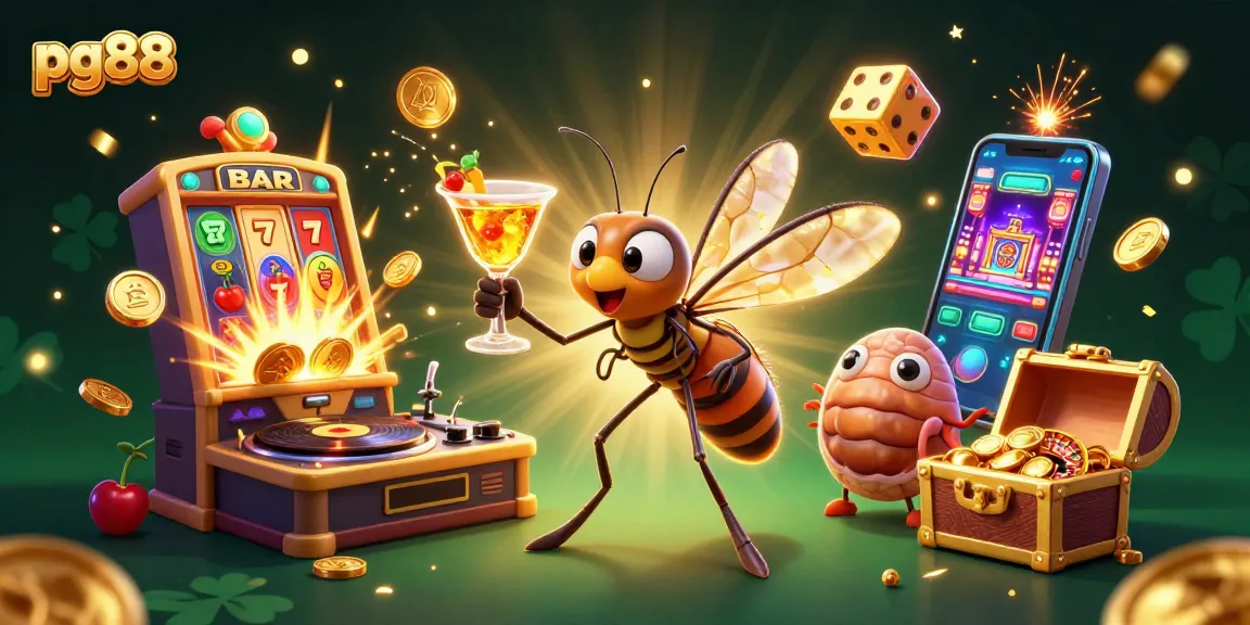 Exciting pg88 gaming experience with vibrant casino elements featuring a frozen mosquito mascot and trilobite DJ.