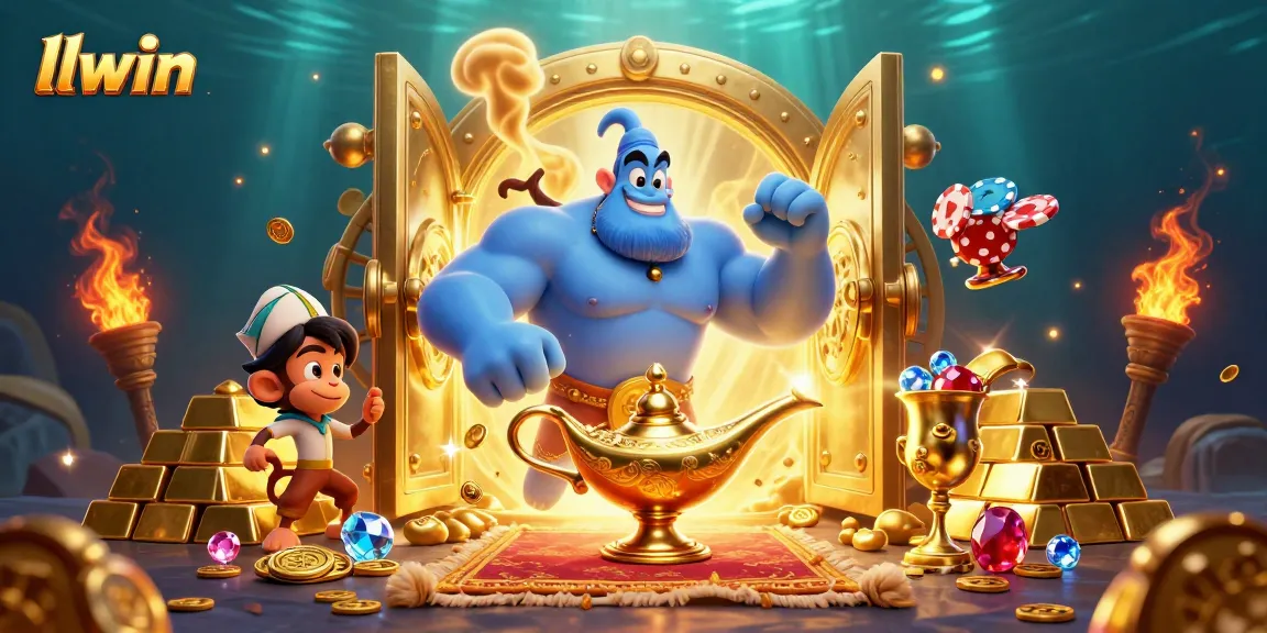 Experience thrilling wins with llwin's vibrant casino gaming illustration featuring a magical genie and treasure.