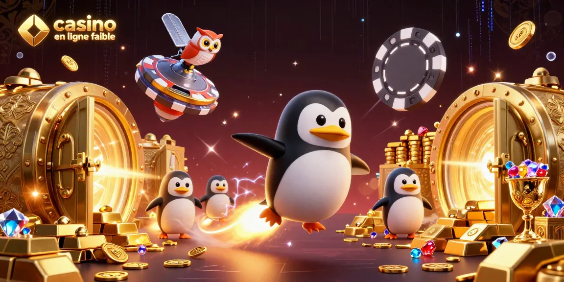 Retrouvez le casino en ligne fiable avec un pingouin doré propulsé par une fusée au milieu d'une scène de richesses.
