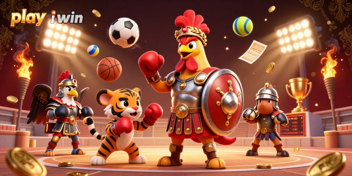 Engage with thrilling moments as you play iwin amidst a vibrant sports betting arena featuring unique cartoon characters.