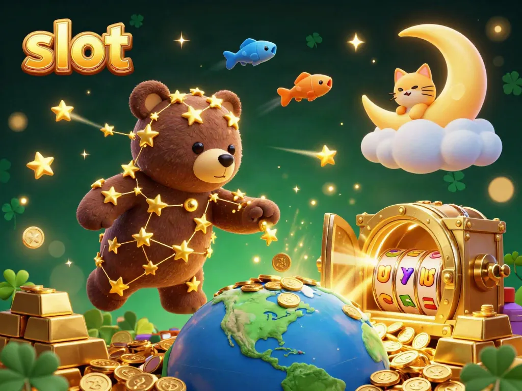 Experience the thrill of slot gaming as a constellation bear scoops coins beneath a night sky.