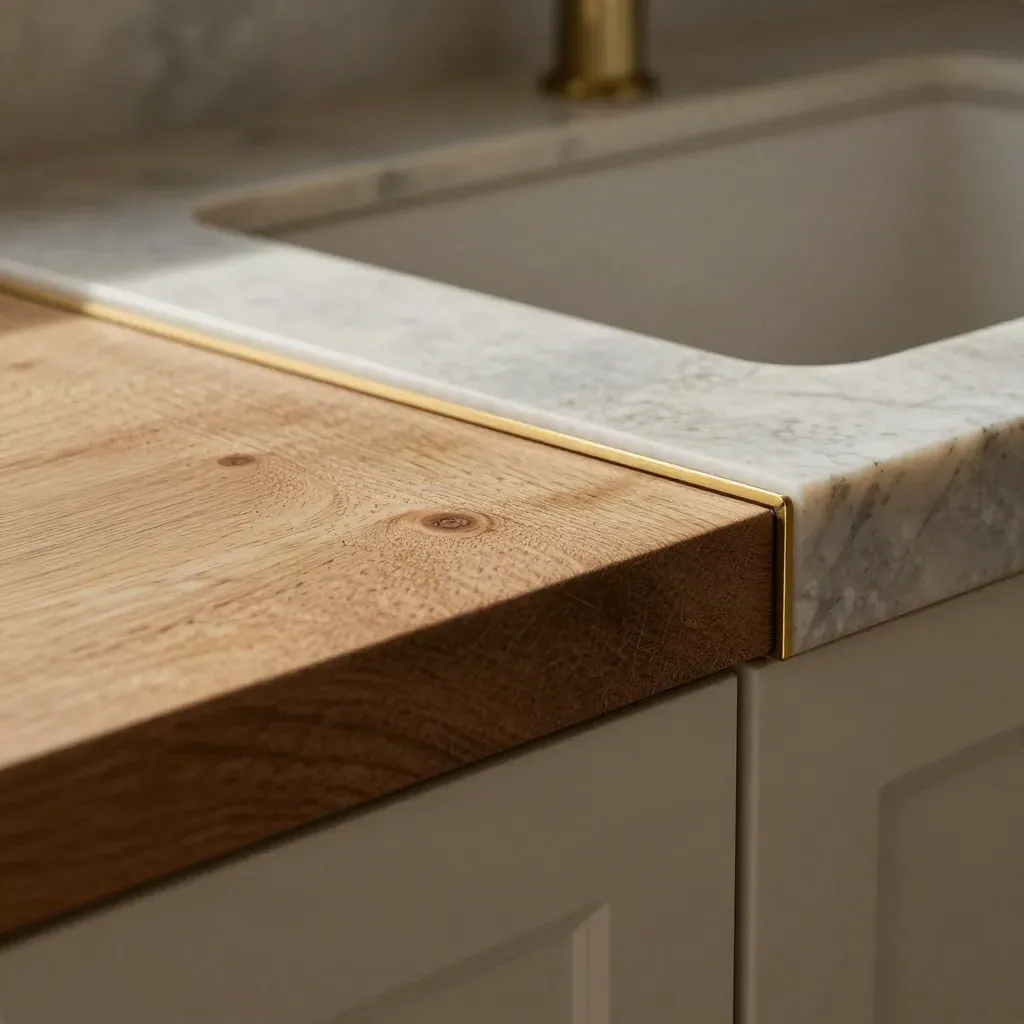 Oak worktop scribed into a stone corner with sink cut-out, sealant sheen and brass detail.