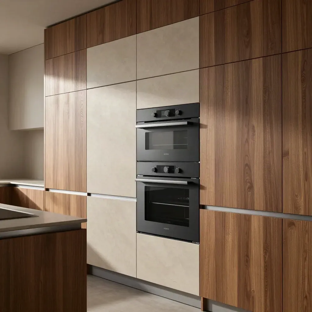 Built-in oven stack, integrated fridge panel and extractor line in a tall fitted kitchen wall.