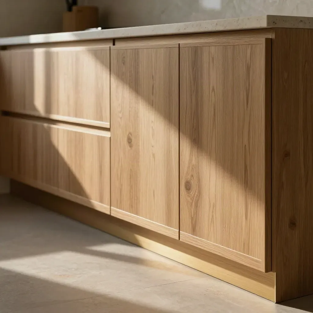 Handleless oak base cabinets aligned in a sunlit renovation kitchen with dust and brass details