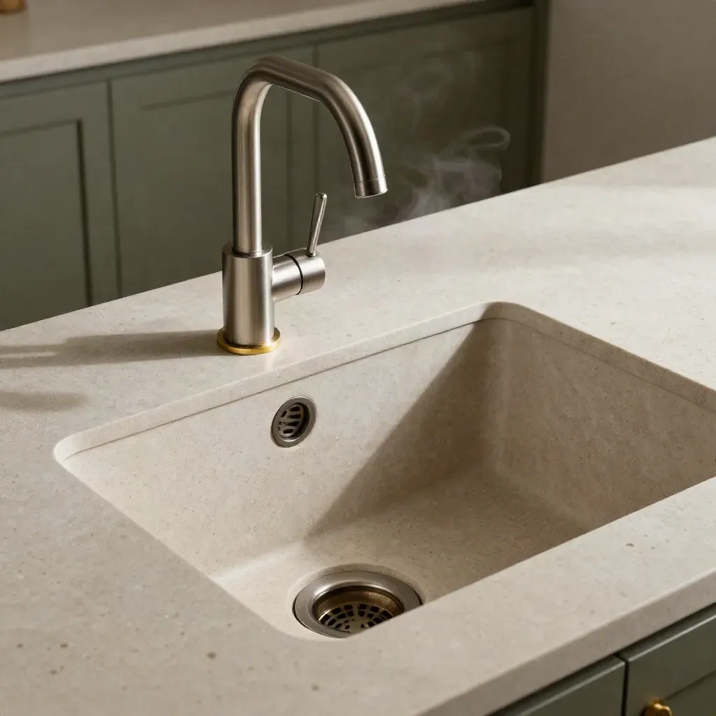 Low-angle sink fitting with brushed tap, brass detail and stone drainer in a pale kitchen worktop.