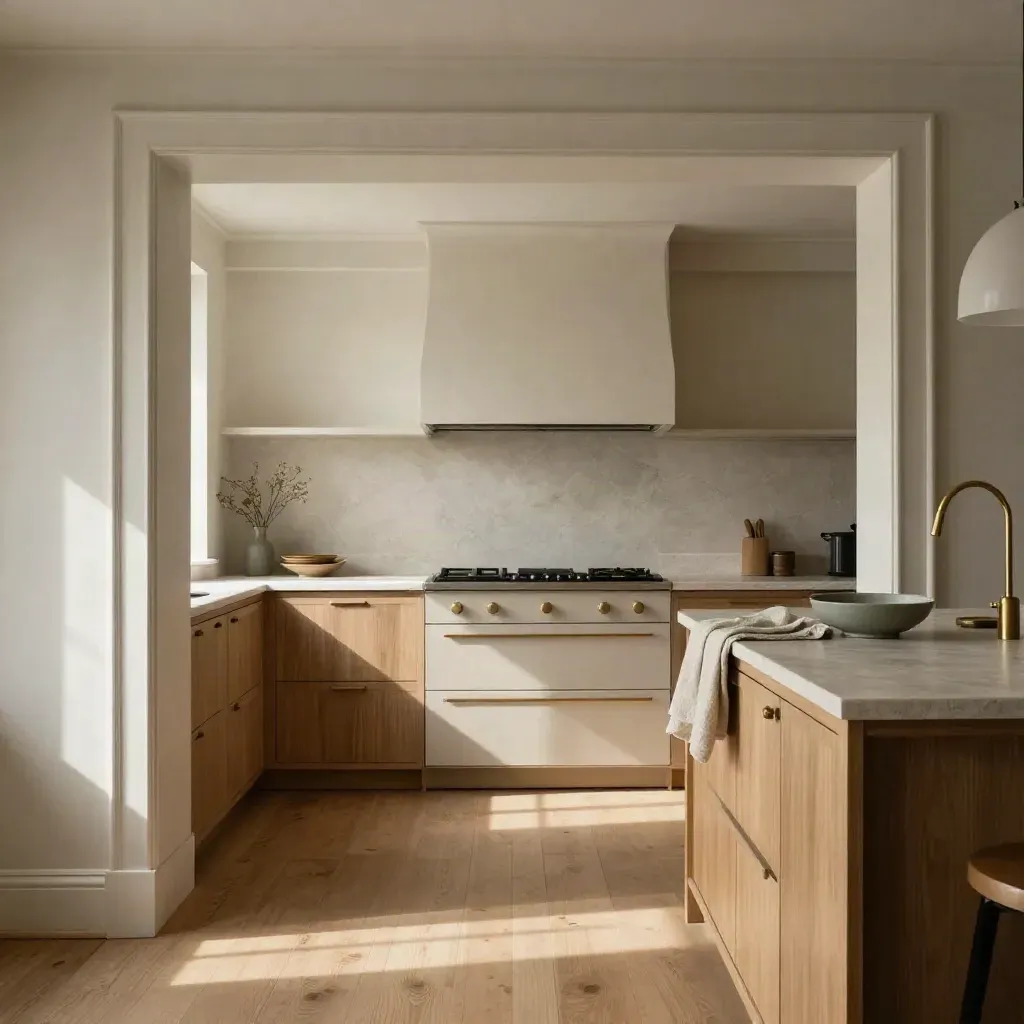 Completed fitted kitchen with oak fronts, stone worktops and sage accents in soft morning light.
