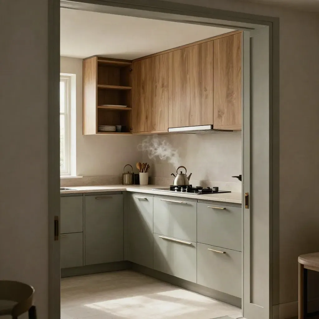 Compact galley kitchen with ceiling-high storage, sage accents and steam in warm afternoon light.