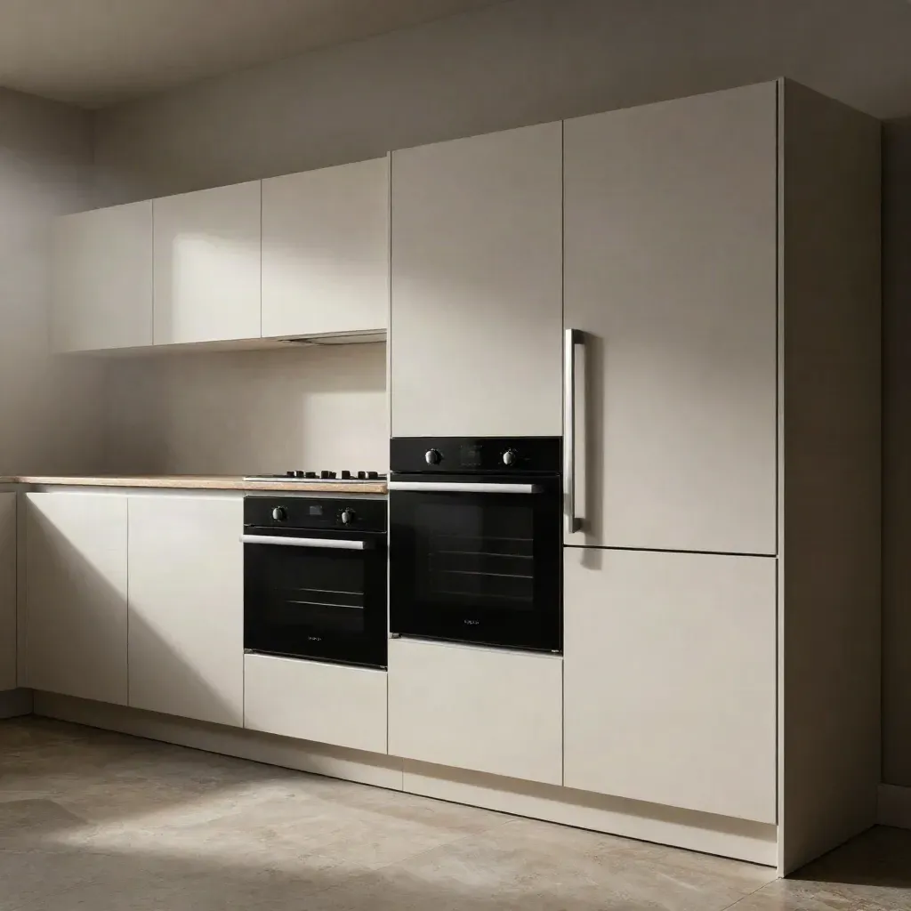 Flush appliance wall in a pale fitted kitchen with oven, hob and fridge panels