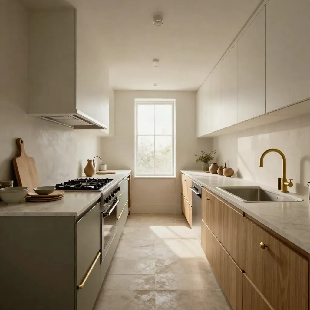 Finished galley kitchen with opposing zones, sage accents and a bright window-lit corridor.