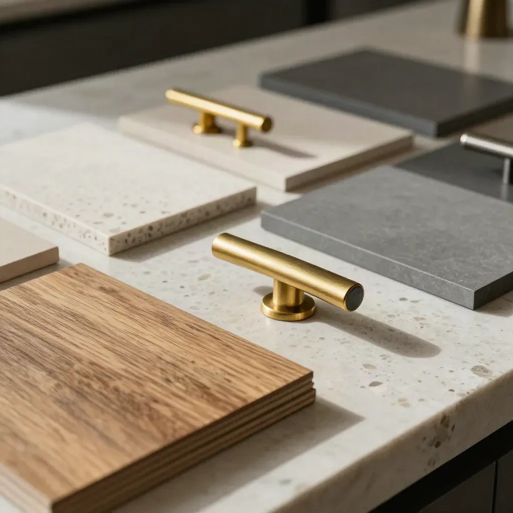 Macro of oak veneer, brass handle pulls, pale stone chips, and cabinet swatches on travertine.