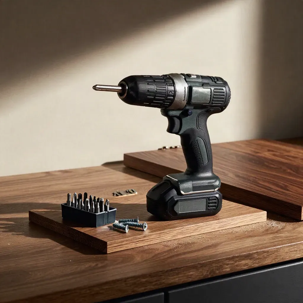 Low dramatic still life of kitchen fitting tools: driver, hinge, bits, screws, and oak panel.