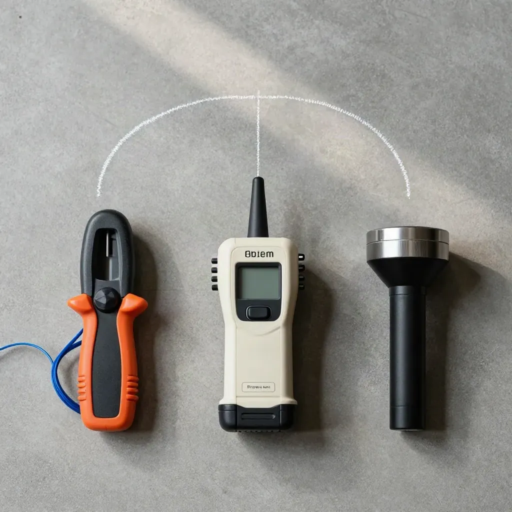 Overhead flatlay of survey tools on concrete: detector, socket tester, chalk line reel and torch.