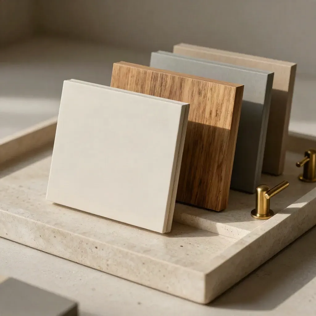 Stone tray with kitchen samples, oak veneer chip, worktop offcut and brass handles on a neutral surface.