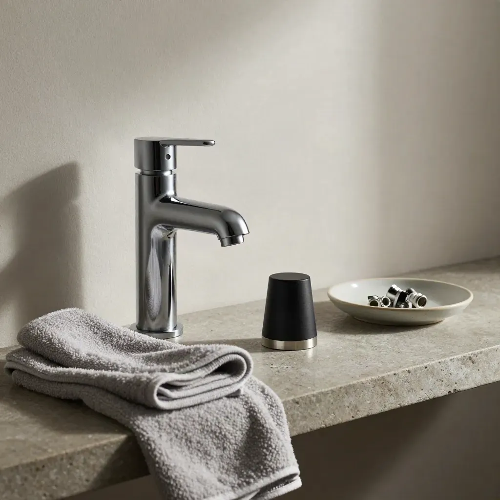 Chrome tap aerator, microfiber cloth, torch and ceramic parts dish on a stone shelf.