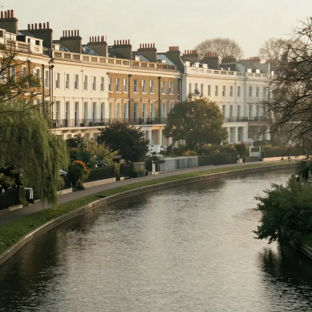 West London canal bend with terraced houses and mansion blocks glowing at golden hour