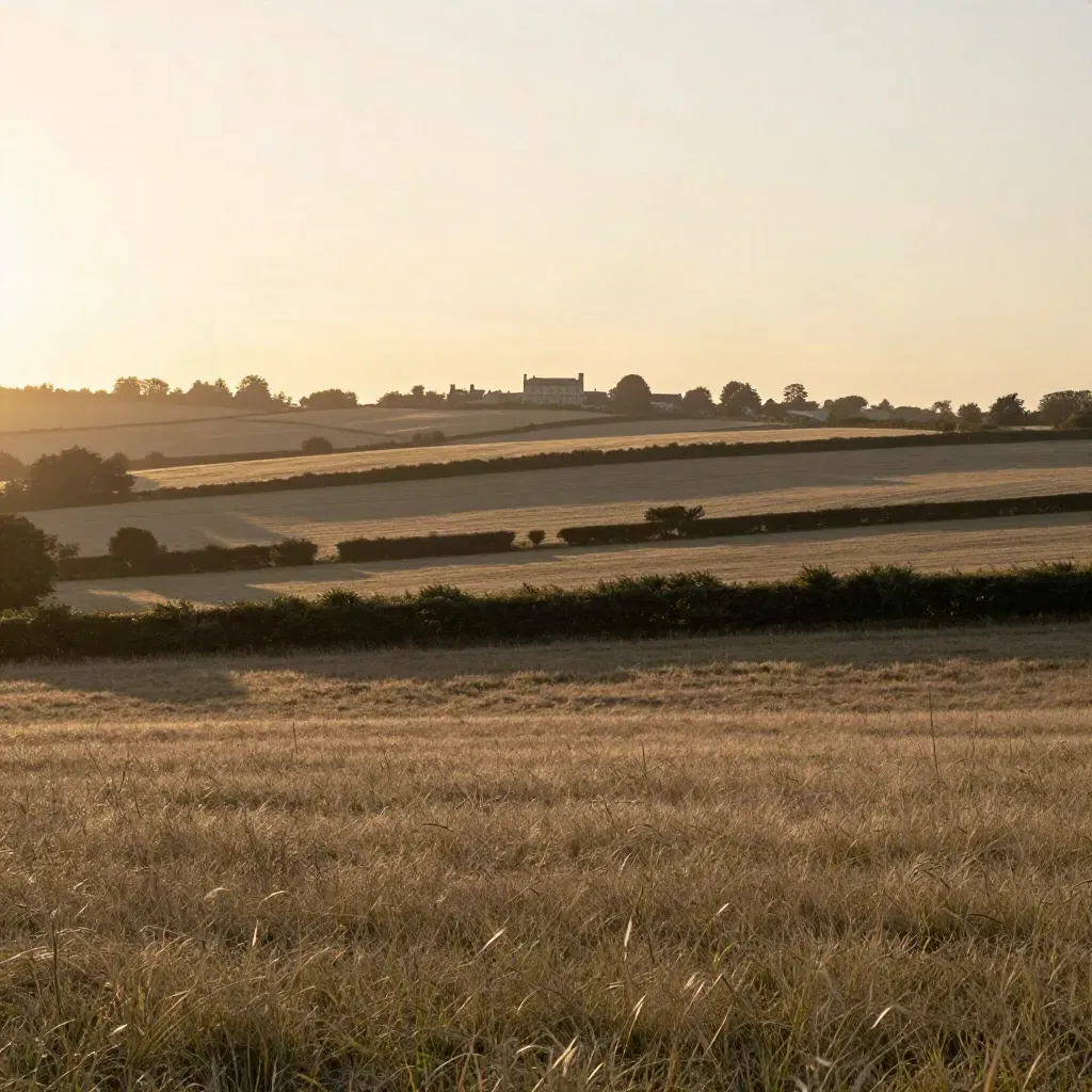Sunlit Surrey Borders meadow with hedgerows, distant manor roofline and hazy downs at sunset
