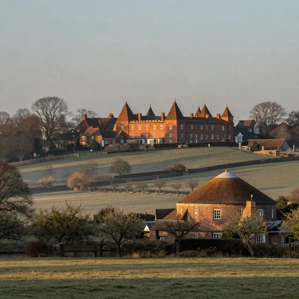 Golden-hour West Kent oast houses above calm orchards and hazy fields