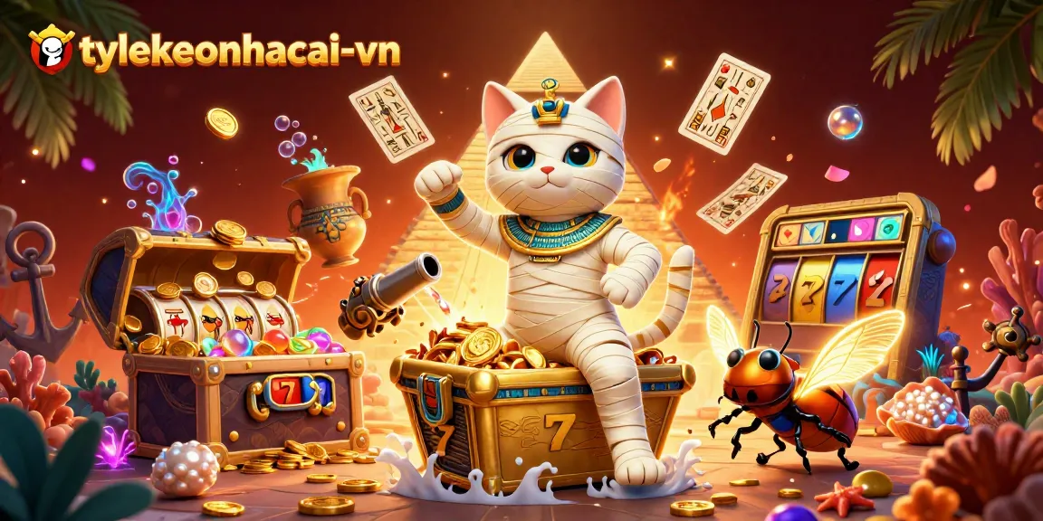Experience thrilling action at tylekeonhacai-vn with a vibrant casino illustration featuring an Egyptian mummy cat.