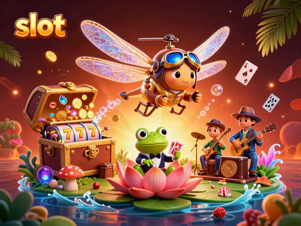 Slot menyuguhkan suasana kasino dengan karakter unik seperti pilot capung dan dealer kodok, dikelilingi harta karun dan simbol permainan.