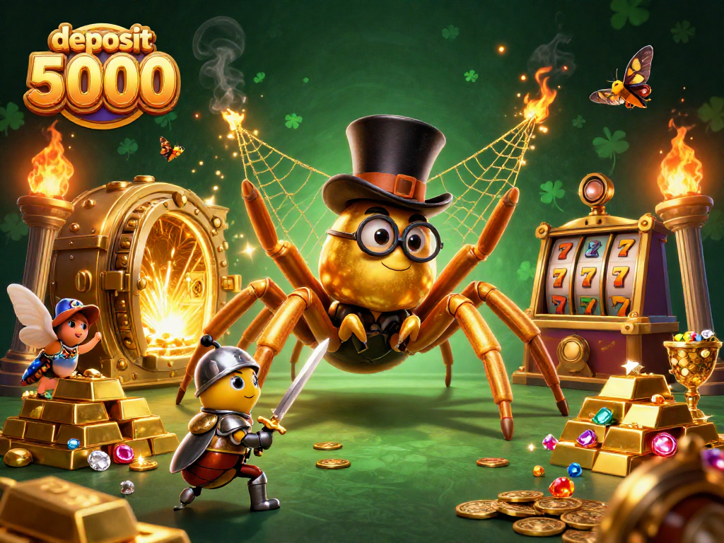 Engage with the thrilling world of deposit 5000 slots, featuring a golden tarantula weaving luck in a vibrant casino setting.