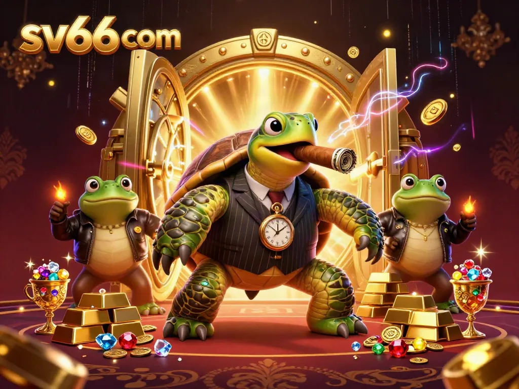 Engage with sv66 com in a vibrant casino scene featuring cartoon turtle mobsters and treasure.
