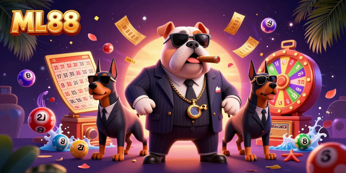 ML88 showcases a vibrant and dynamic 3D casino scene with a mafia bulldog and Doberman bodyguards.