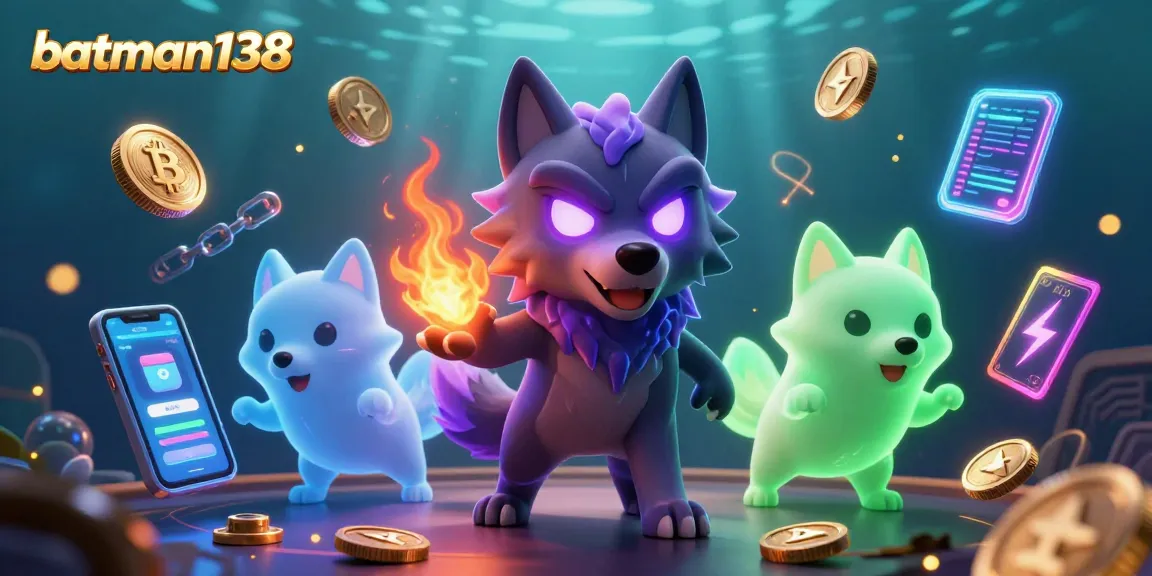 Win big with batman138 in this vibrant illustration featuring ghostly wolves and neon crypto elements.