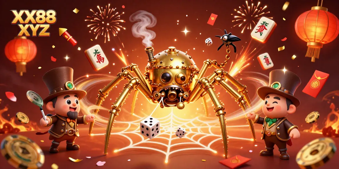 Engage with the excitement of XX88 XYZ, featuring a steampunk spider and lively casino elements.