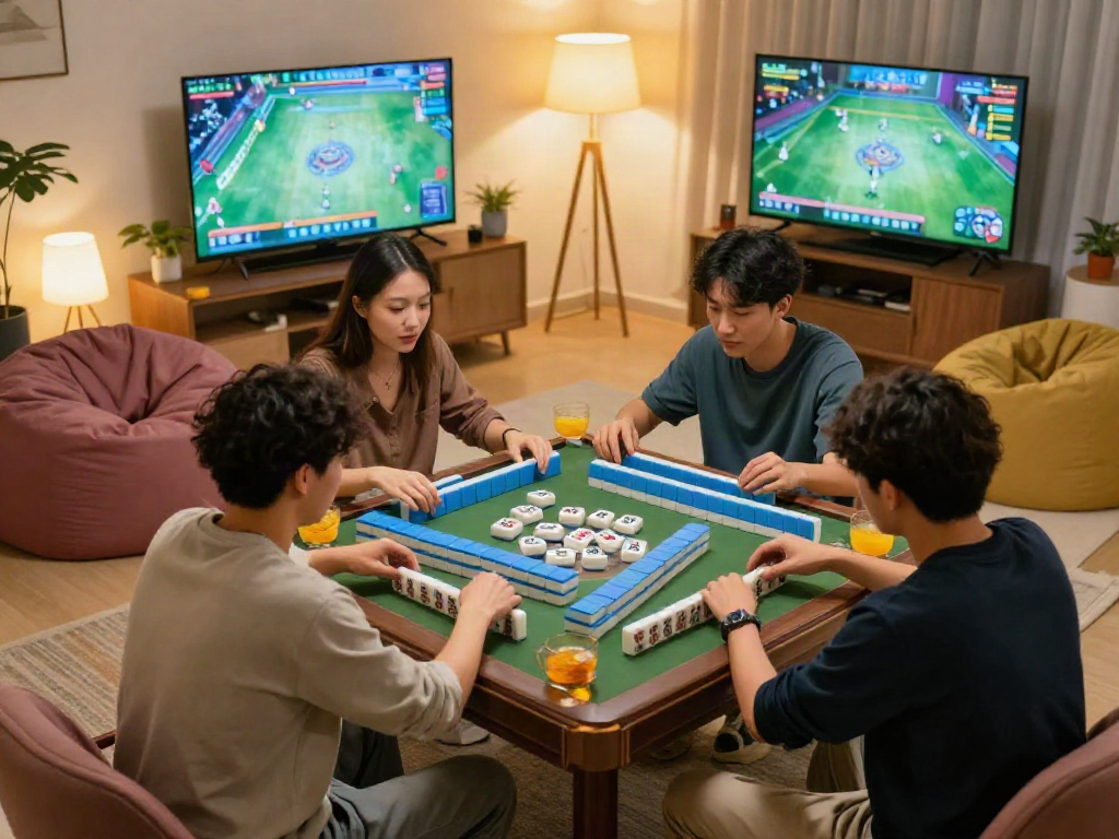 Engaging friends playing MAHJONGJP88 hari ini in a cozy living room