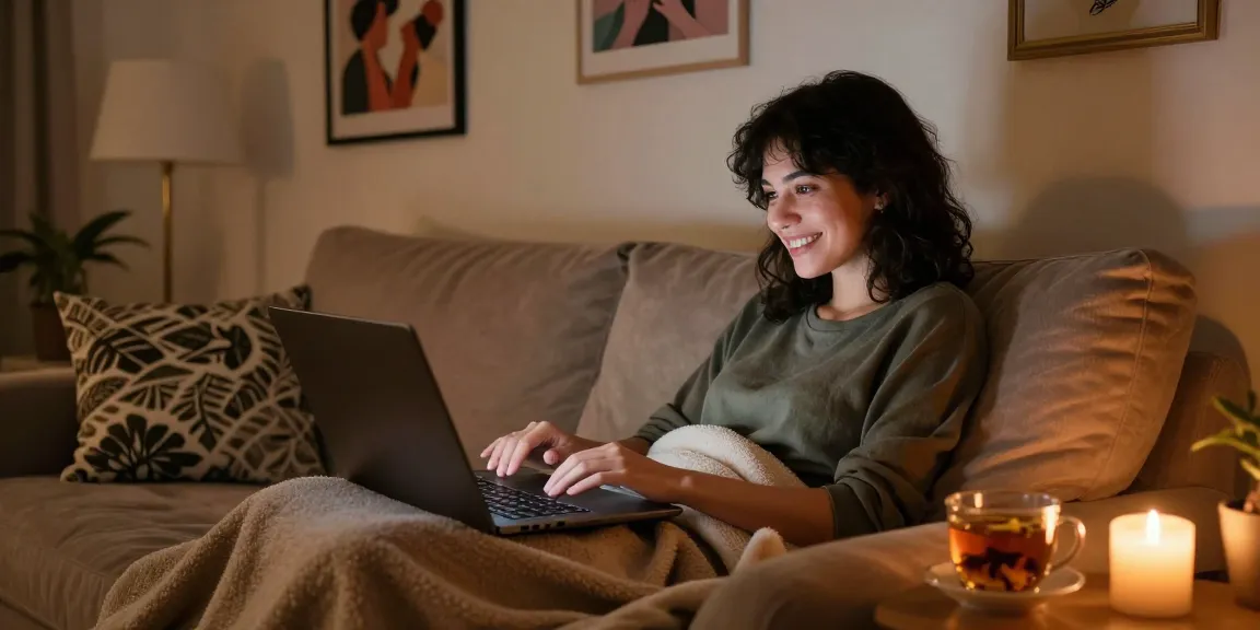 Engaging in a stimulating sex chat on a laptop in a cozy home setting