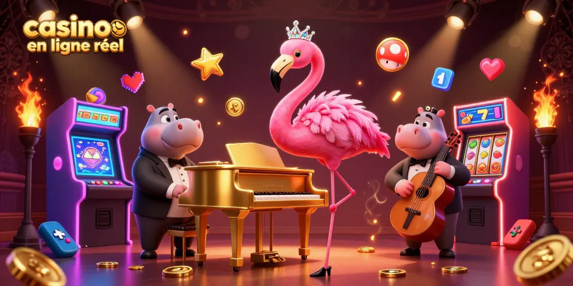 Profitez du casino en ligne argent réel avec des personnages animés jouant au piano et à la basse.