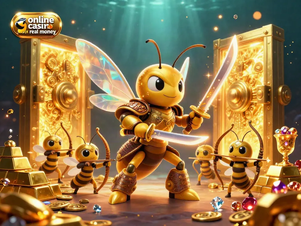 Engaging scene showcasing a samurai bee warrior and archers in a dynamic representation of online casino usa real money.