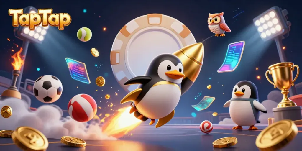 Bet on TapTap with a golden penguin rocket soaring to a casino space station.