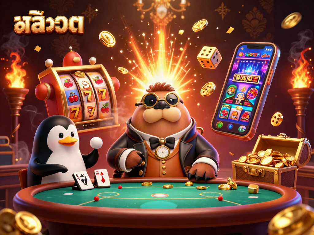 Engage with exciting สล็อต slot gameplay featuring a walrus, penguin, and pufferfish at a casino table.