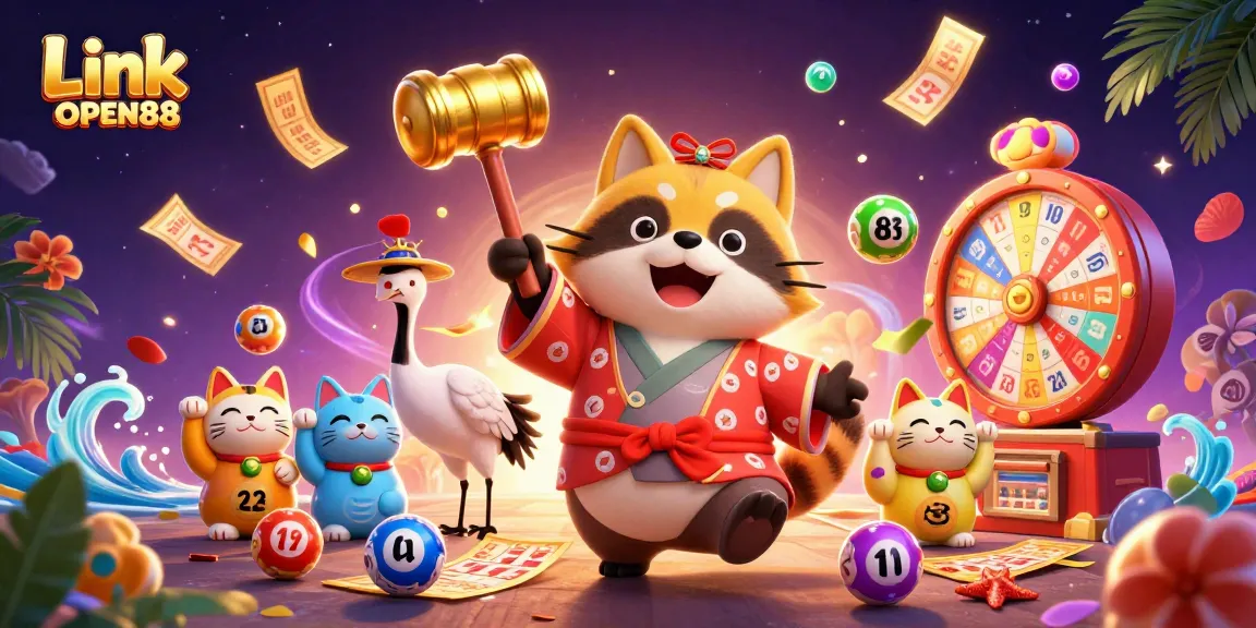 Play and win with excitement at Link OPEN88's vibrant casino adventure illustration featuring lively characters.